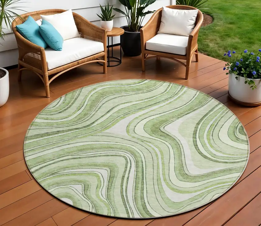 8' Artichoke Green Green And Ivory Round Abstract Washable Indoor Outdoor Area Rug Photo 1