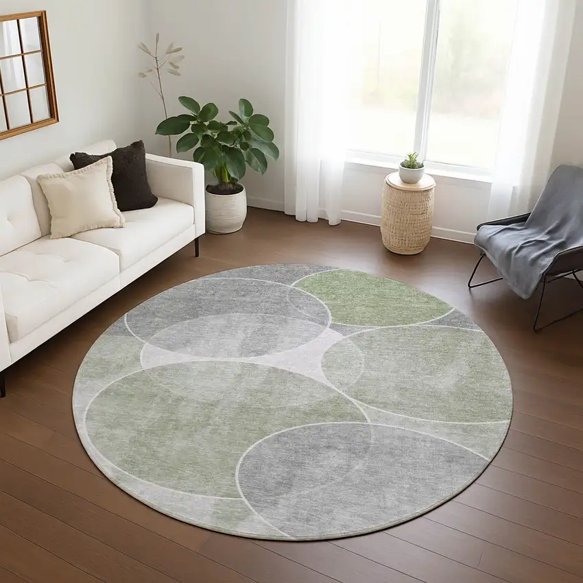 8' Artichoke Green Green And Ivory Round Geometric Washable Indoor Outdoor Area Rug Photo 9