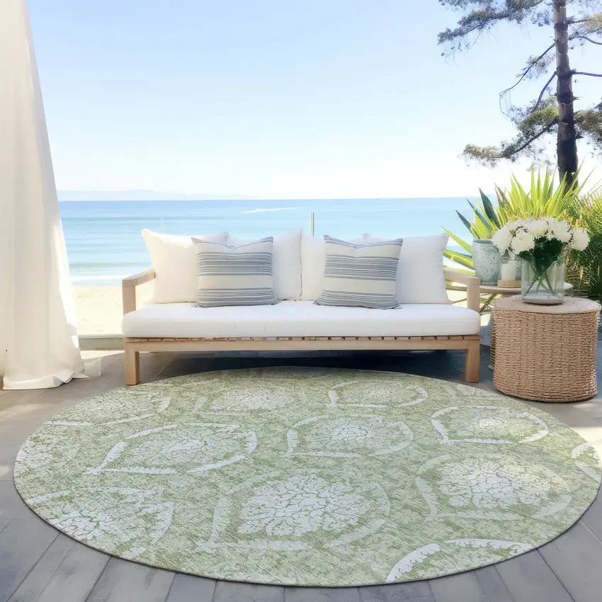 8' Artichoke Green Green And Ivory Round Medallion Washable Indoor Outdoor Area Rug Photo 6