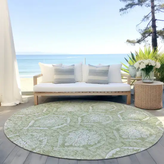 8' Artichoke Green Green And Ivory Round Medallion Washable Indoor Outdoor Area Rug Photo 6