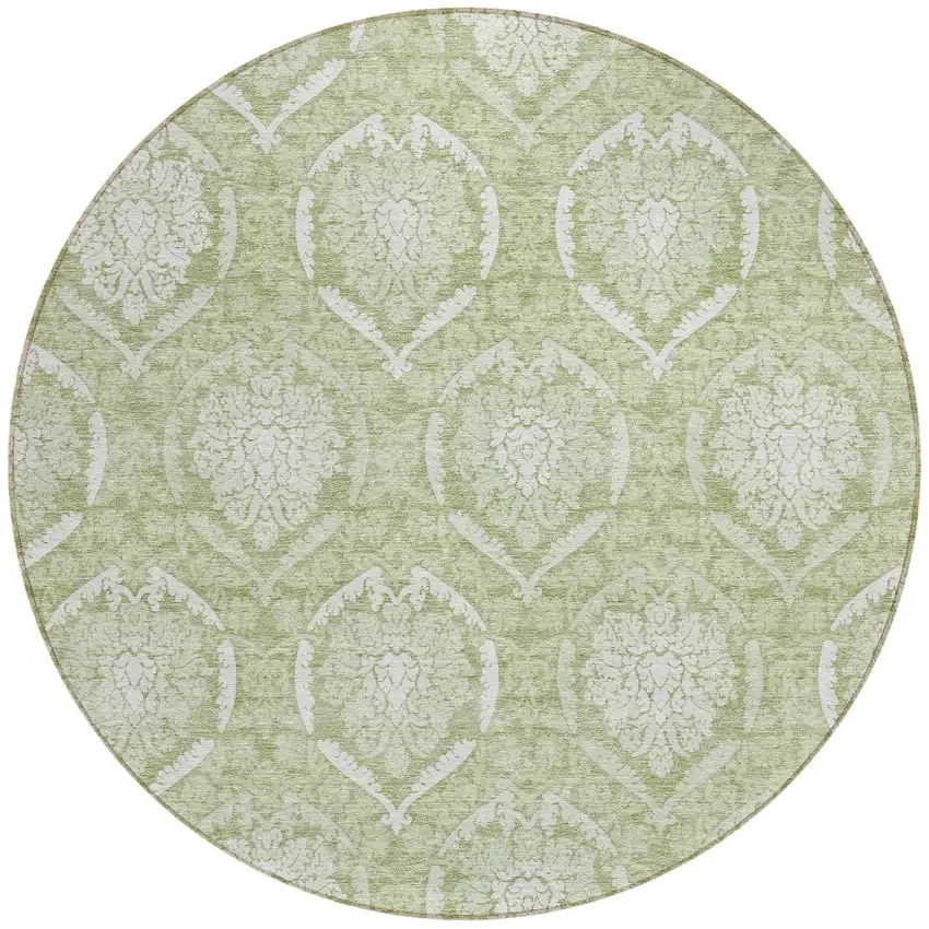 8' Artichoke Green Green And Ivory Round Medallion Washable Indoor Outdoor Area Rug Photo 5