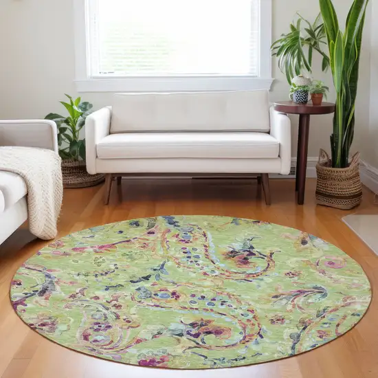 8' Artichoke Green Green And Pink Round Paisley Washable Indoor Outdoor Area Rug Photo 8