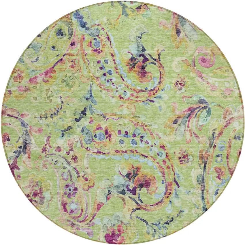 8' Artichoke Green Green And Pink Round Paisley Washable Indoor Outdoor Area Rug Photo 2