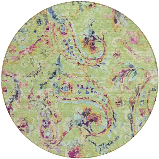 8' Artichoke Green Green And Pink Round Paisley Washable Indoor Outdoor Area Rug Photo 2
