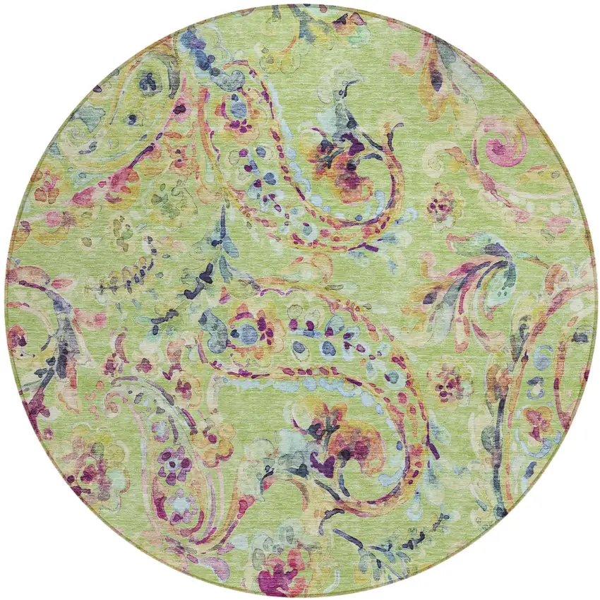8' Artichoke Green Green And Pink Round Paisley Washable Indoor Outdoor Area Rug Photo 2