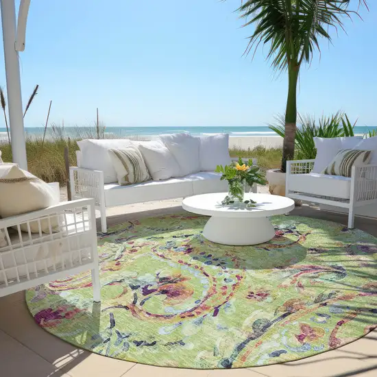 8' Artichoke Green Green And Pink Round Paisley Washable Indoor Outdoor Area Rug Photo 7