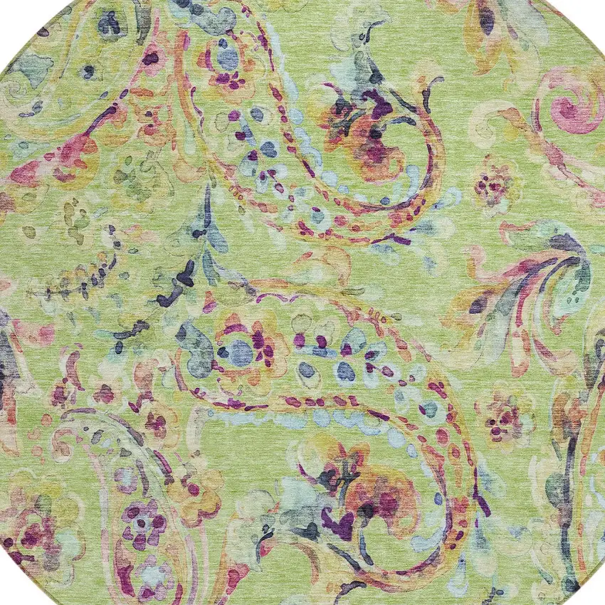 8' Artichoke Green Green And Pink Round Paisley Washable Indoor Outdoor Area Rug Photo 5