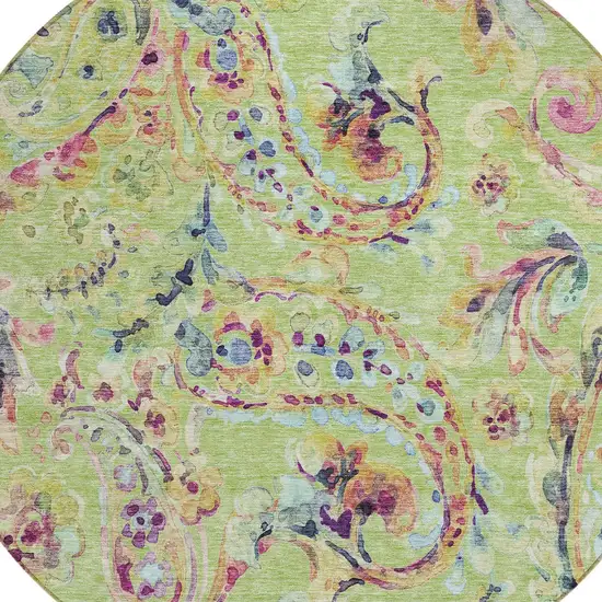 8' Artichoke Green Green And Pink Round Paisley Washable Indoor Outdoor Area Rug Photo 5