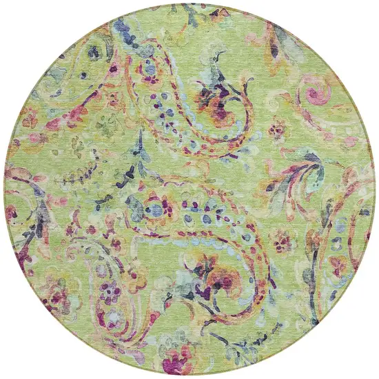 8' Artichoke Green Green And Pink Round Paisley Washable Indoor Outdoor Area Rug Photo 6