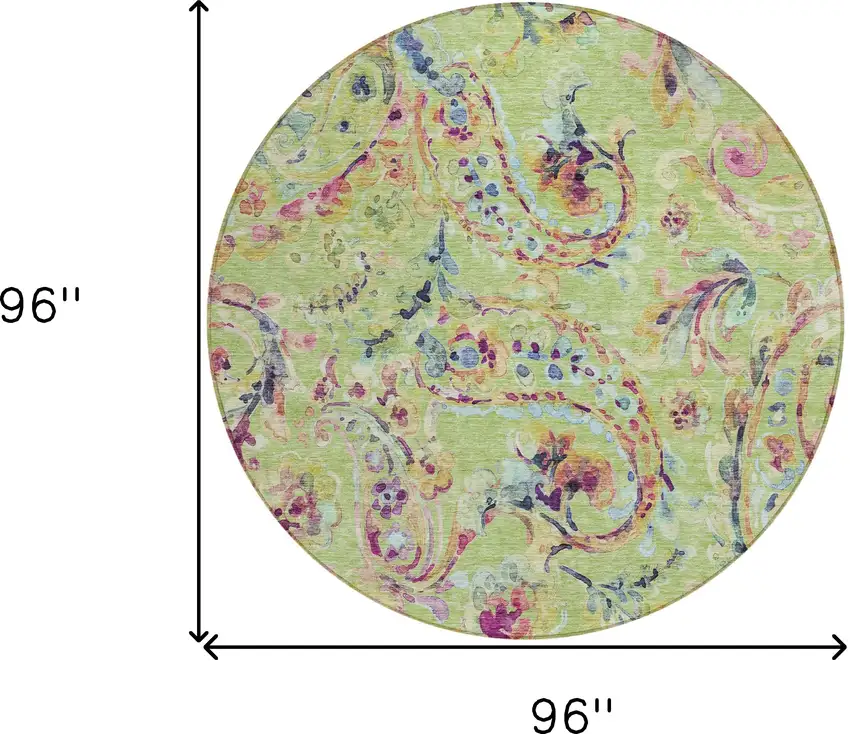 8' Artichoke Green Green And Pink Round Paisley Washable Indoor Outdoor Area Rug Photo 3