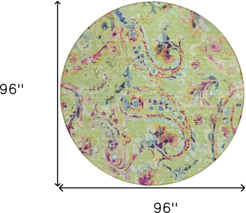 8' Artichoke Green Green And Pink Round Paisley Washable Indoor Outdoor Area Rug Photo 3