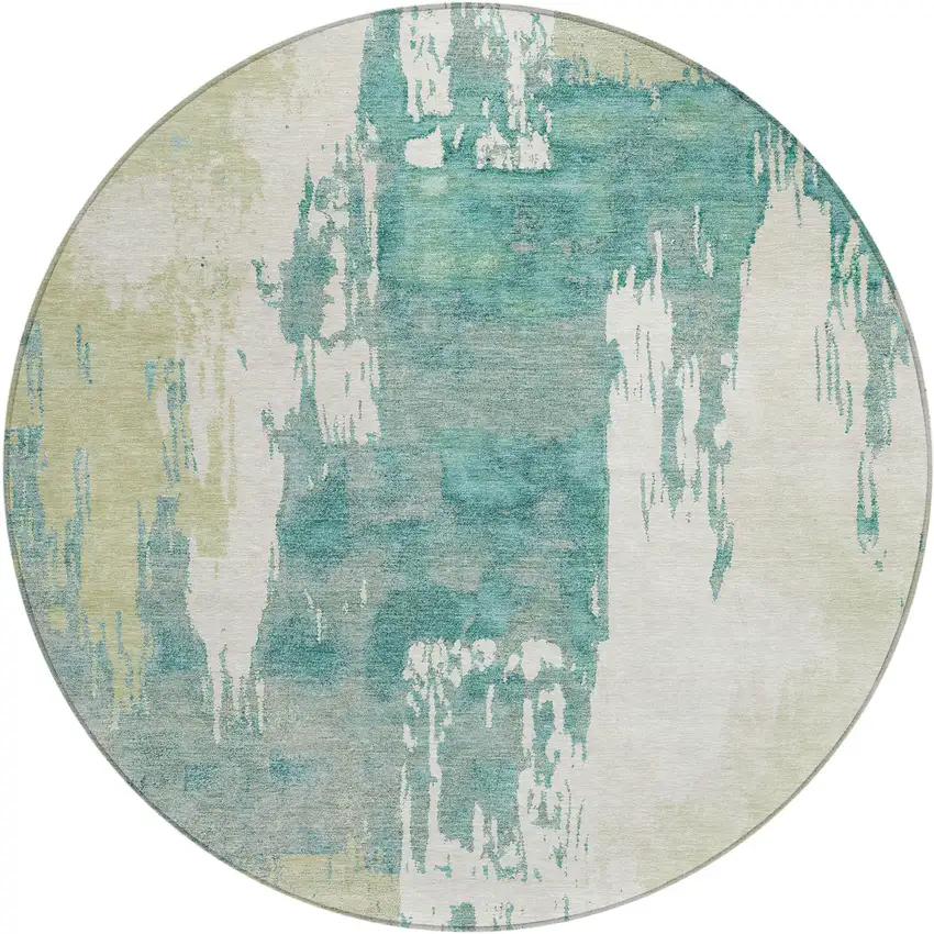 8' Artichoke Green Ivory And Aqua Round Abstract Washable Indoor Outdoor Area Rug Photo 2