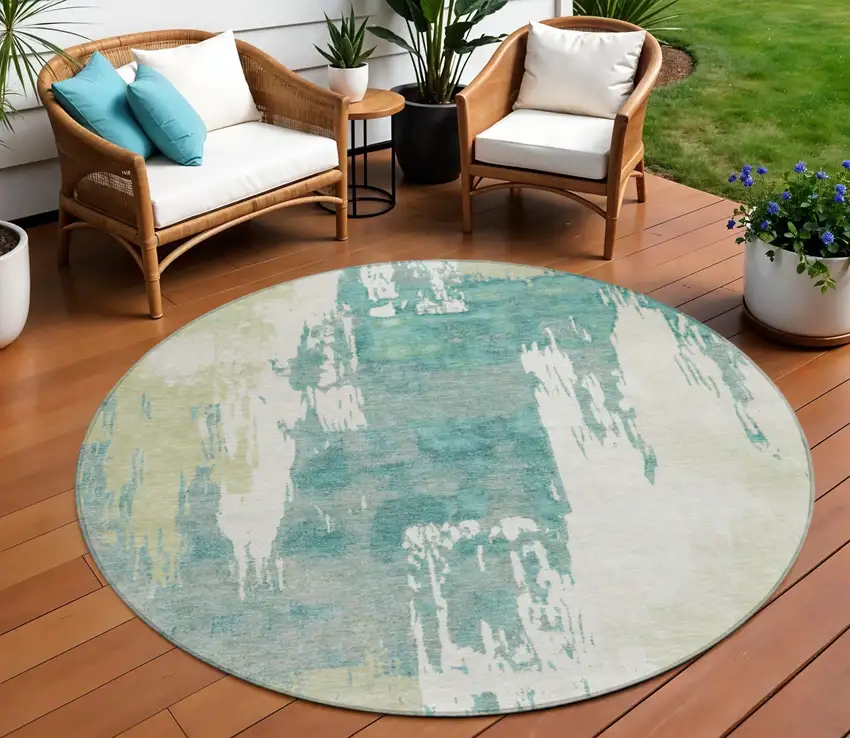 8' Artichoke Green Ivory And Aqua Round Abstract Washable Indoor Outdoor Area Rug Photo 1