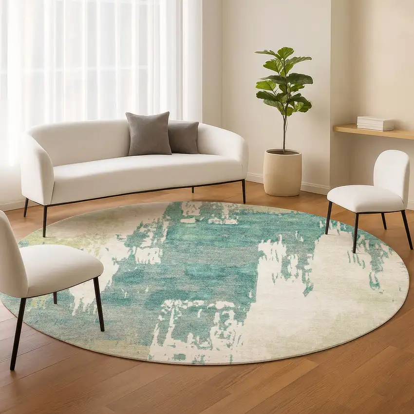 8' Artichoke Green Ivory And Aqua Round Abstract Washable Indoor Outdoor Area Rug Photo 9