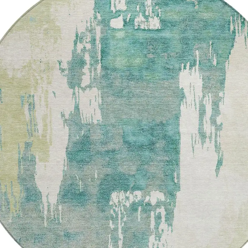 8' Artichoke Green Ivory And Aqua Round Abstract Washable Indoor Outdoor Area Rug Photo 7