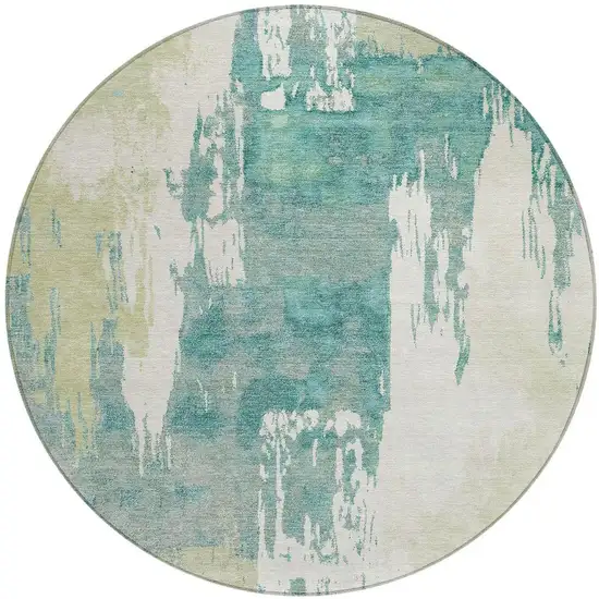 8' Artichoke Green Ivory And Aqua Round Abstract Washable Indoor Outdoor Area Rug Photo 4
