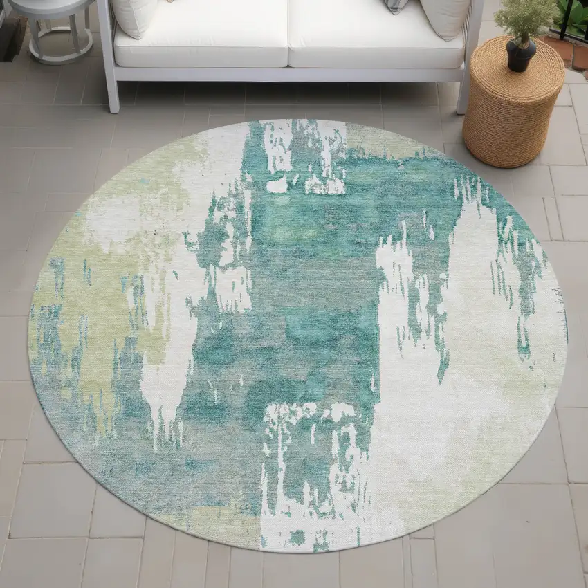 8' Artichoke Green Ivory And Aqua Round Abstract Washable Indoor Outdoor Area Rug Photo 8