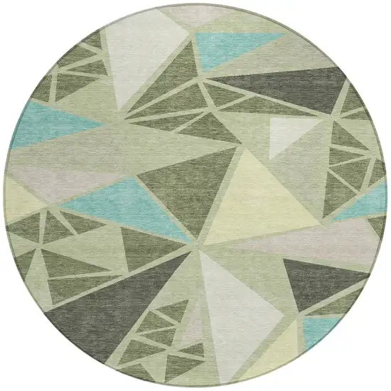 8' Artichoke Green Ivory And Aqua Round Geometric Washable Indoor Outdoor Area Rug Photo 6