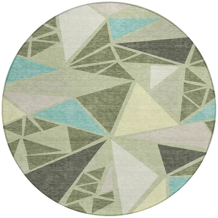 8' Artichoke Green Ivory And Aqua Round Geometric Washable Indoor Outdoor Area Rug Photo 6