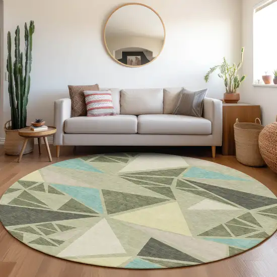 8' Artichoke Green Ivory And Aqua Round Geometric Washable Indoor Outdoor Area Rug Photo 8