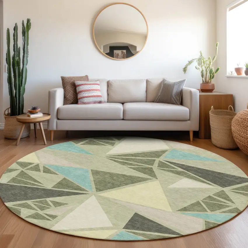 8' Artichoke Green Ivory And Aqua Round Geometric Washable Indoor Outdoor Area Rug Photo 8