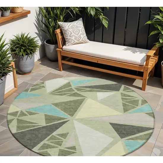 8' Artichoke Green Ivory And Aqua Round Geometric Washable Indoor Outdoor Area Rug Photo 1