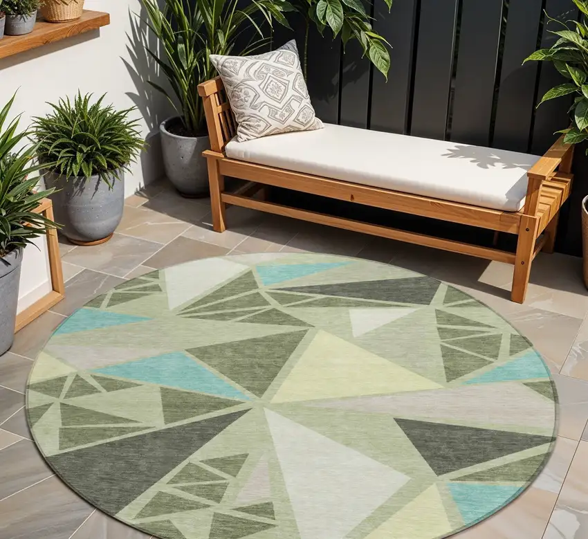 8' Artichoke Green Ivory And Aqua Round Geometric Washable Indoor Outdoor Area Rug Photo 1