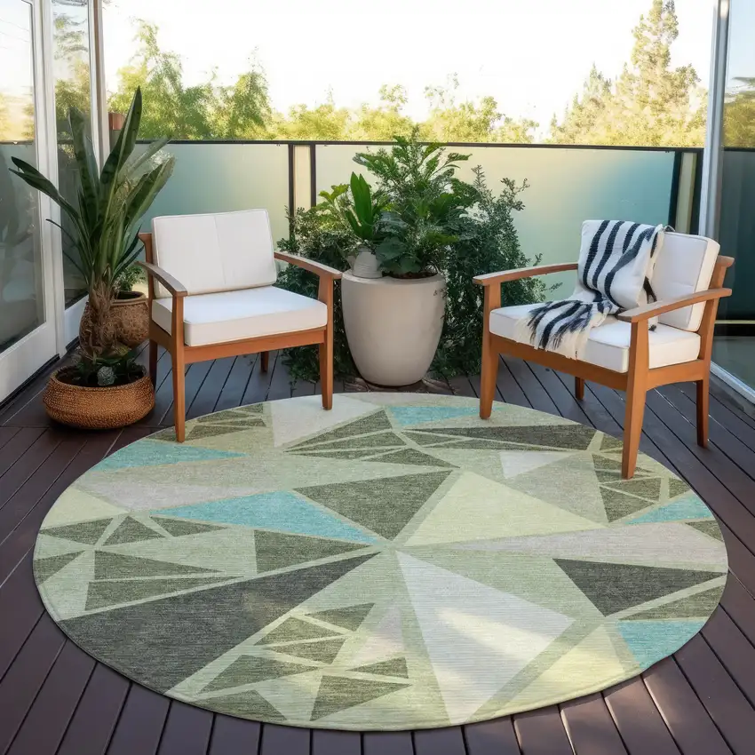 8' Artichoke Green Ivory And Aqua Round Geometric Washable Indoor Outdoor Area Rug Photo 7