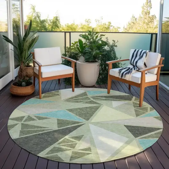 8' Artichoke Green Ivory And Aqua Round Geometric Washable Indoor Outdoor Area Rug Photo 7