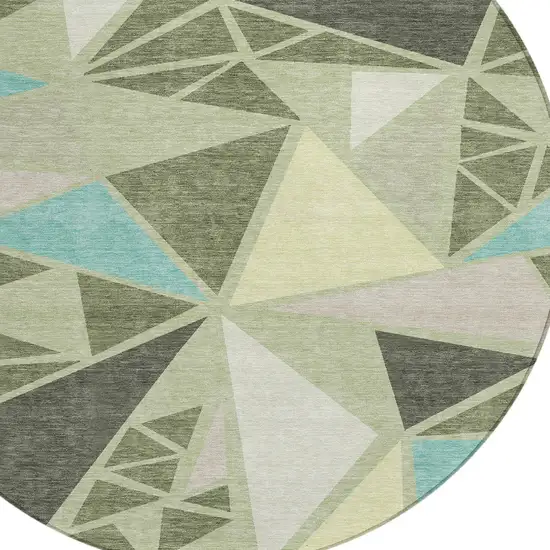 8' Artichoke Green Ivory And Aqua Round Geometric Washable Indoor Outdoor Area Rug Photo 4