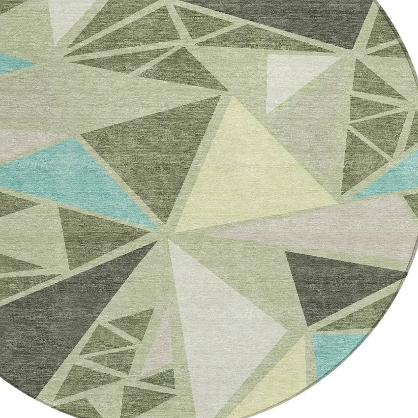 8' Artichoke Green Ivory And Aqua Round Geometric Washable Indoor Outdoor Area Rug Photo 4