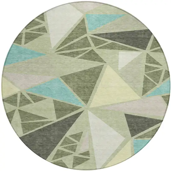 8' Artichoke Green Ivory And Aqua Round Geometric Washable Indoor Outdoor Area Rug Photo 2