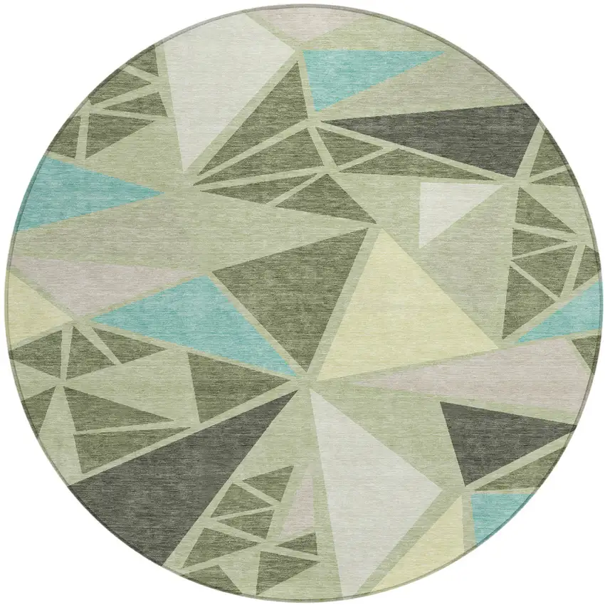 8' Artichoke Green Ivory And Aqua Round Geometric Washable Indoor Outdoor Area Rug Photo 2