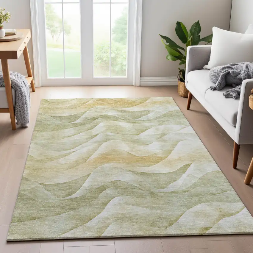 8' Artichoke Green Ivory And Beige Abstract Washable Area Rug With UV Protection Photo 5