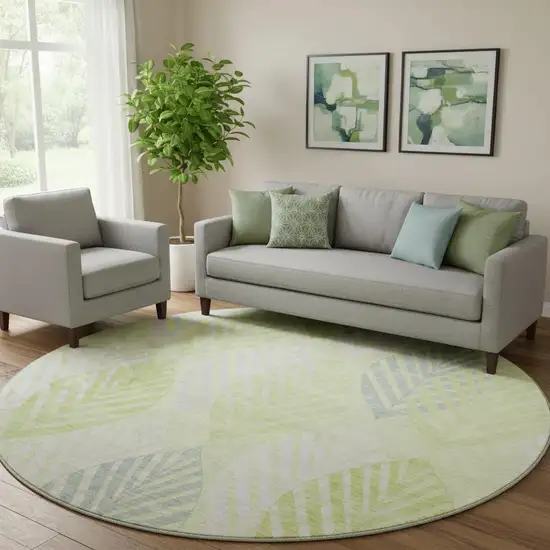 8' Artichoke Green Ivory And Beige Floral Washable Round Rug With UV Protection Photo 1