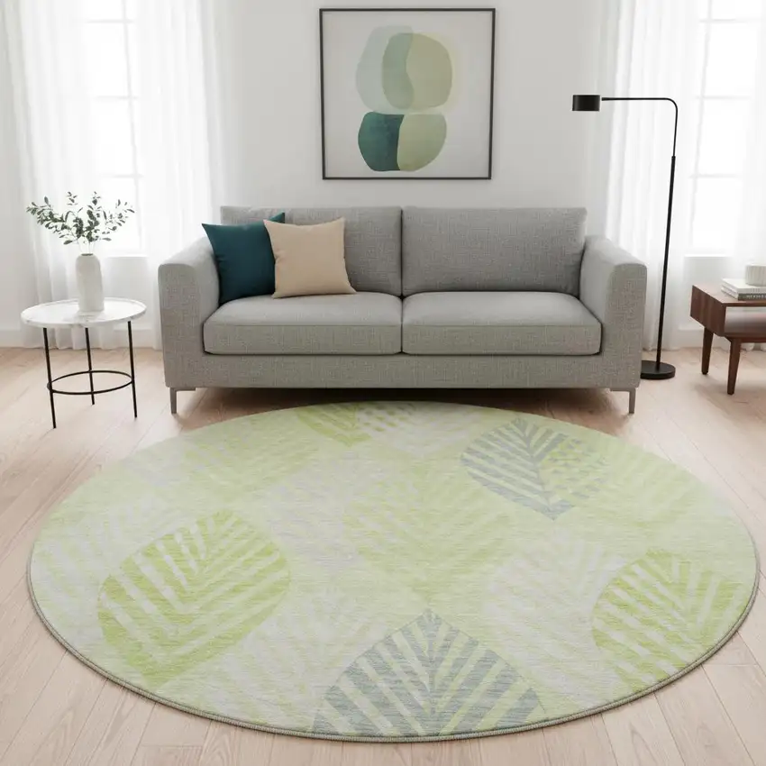 8' Artichoke Green Ivory And Beige Floral Washable Round Rug With UV Protection Photo 2