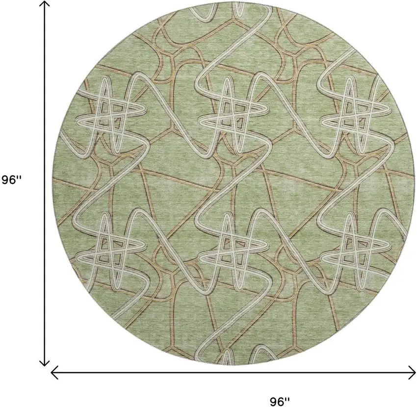 8' Artichoke Green Ivory And Beige Geometric Washable Round Rug With UV Protection Photo 9
