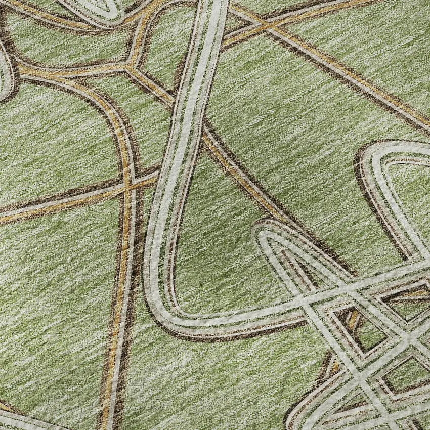 8' Artichoke Green Ivory And Beige Geometric Washable Round Rug With UV Protection Photo 8