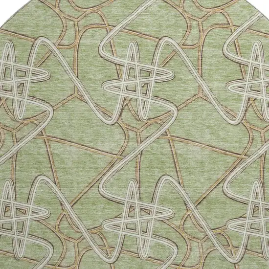 8' Artichoke Green Ivory And Beige Geometric Washable Round Rug With UV Protection Photo 2