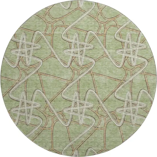 8' Artichoke Green Ivory And Beige Geometric Washable Round Rug With UV Protection Photo 1
