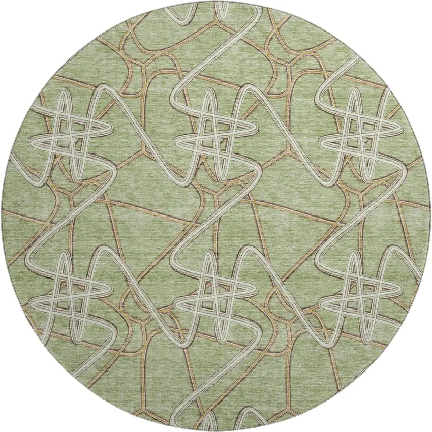 8' Artichoke Green Ivory And Beige Geometric Washable Round Rug With UV Protection Photo 1