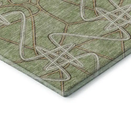 8' Artichoke Green Ivory And Beige Geometric Washable Round Rug With UV Protection Photo 6