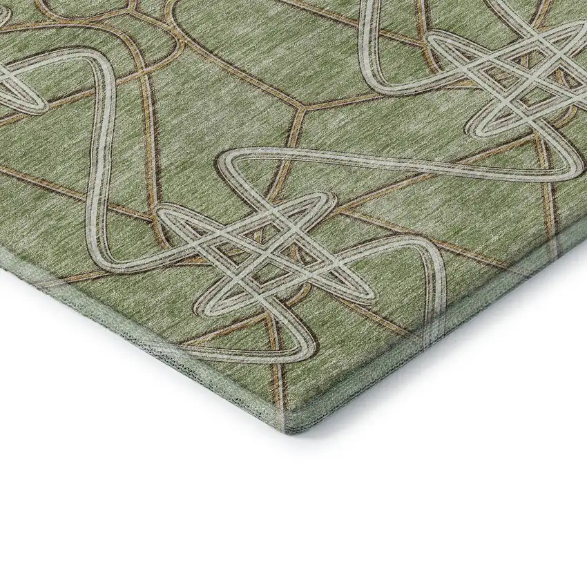 8' Artichoke Green Ivory And Beige Geometric Washable Round Rug With UV Protection Photo 6