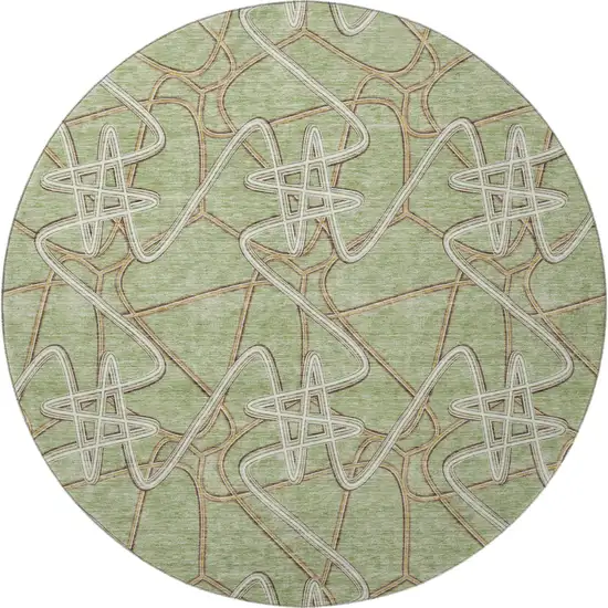 8' Artichoke Green Ivory And Beige Geometric Washable Round Rug With UV Protection Photo 3