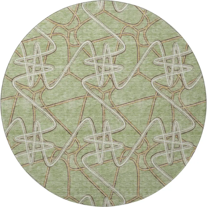 8' Artichoke Green Ivory And Beige Geometric Washable Round Rug With UV Protection Photo 3