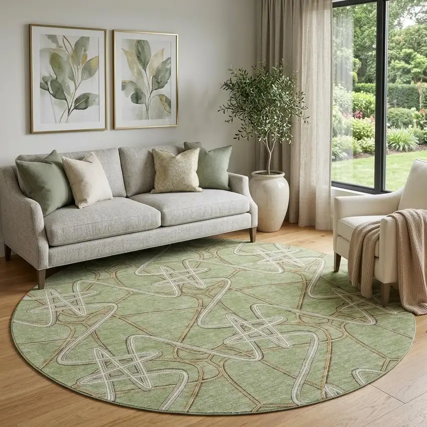 8' Artichoke Green Ivory And Beige Geometric Washable Round Rug With UV Protection Photo 1