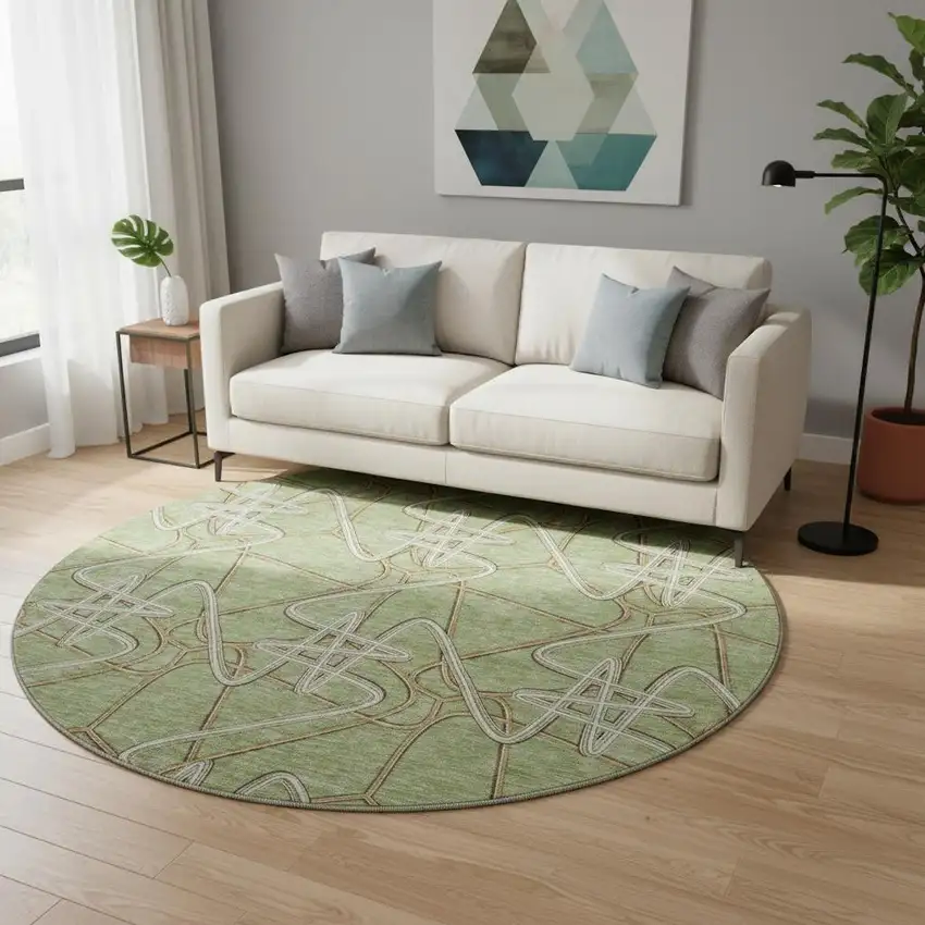 8' Artichoke Green Ivory And Beige Geometric Washable Round Rug With UV Protection Photo 2