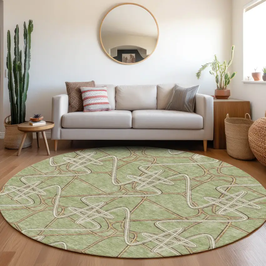 8' Artichoke Green Ivory And Beige Geometric Washable Round Rug With UV Protection Photo 4