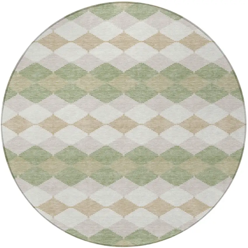 8' Artichoke Green Ivory And Beige Round Geometric Washable Indoor Outdoor Area Rug Photo 5