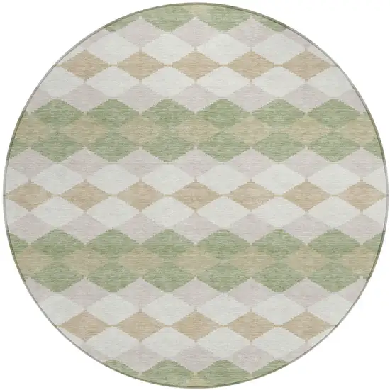 8' Artichoke Green Ivory And Beige Round Geometric Washable Indoor Outdoor Area Rug Photo 2